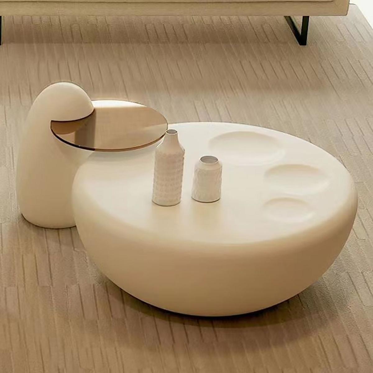 貓抓茶幾奶油風 簡約時尚烤漆面+鋼化玻璃面組合圓茶幾 WH35T095C