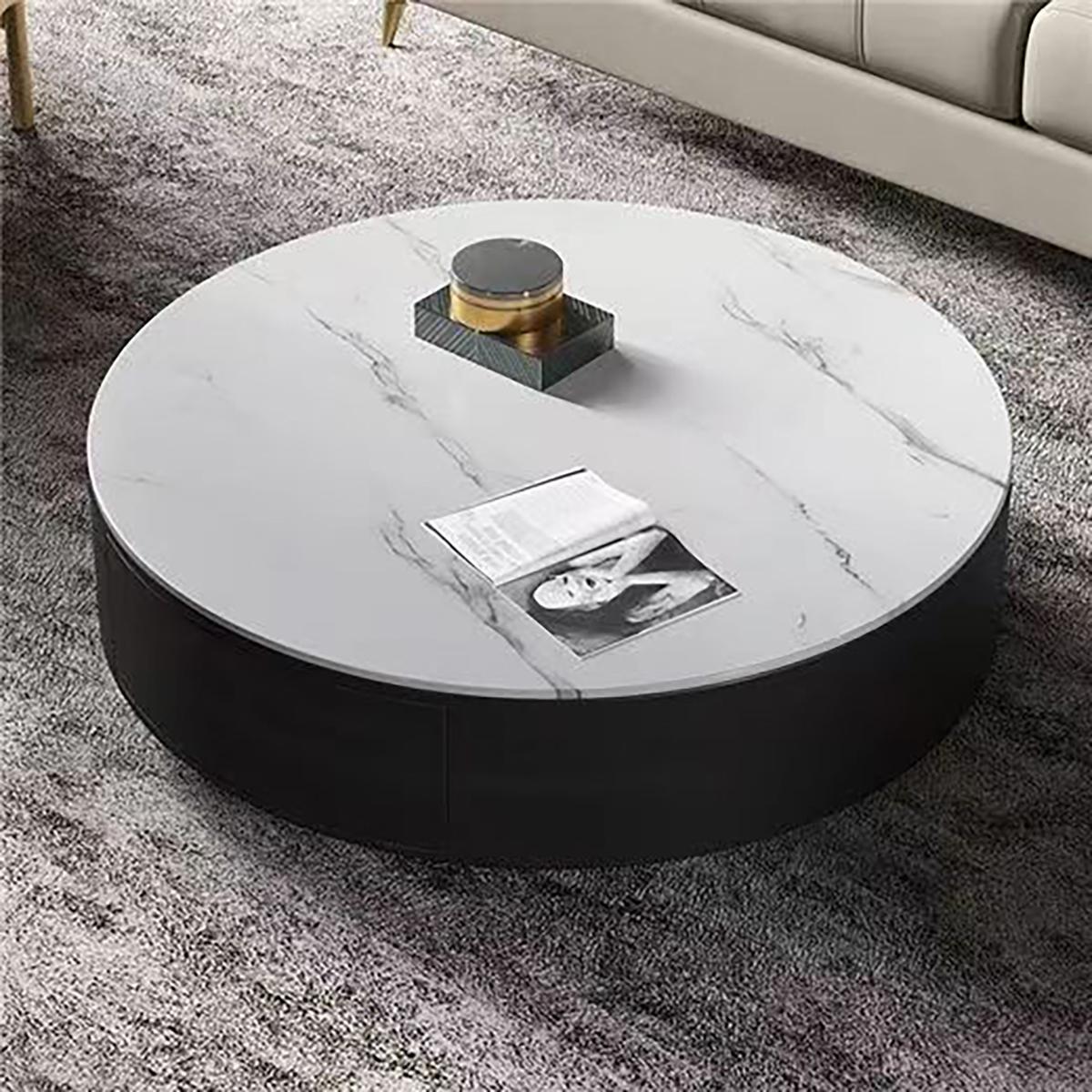 輕奢圓形啞光巖板茶幾家用客廳落地收納圓幾（雪山白+黑色柜體） WH35T096C