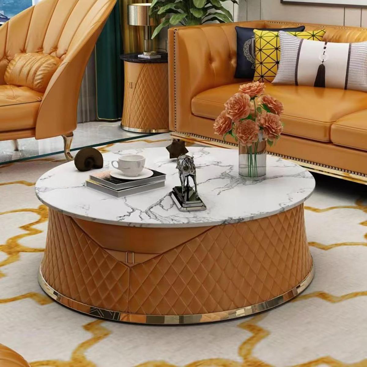 輕奢風格 超纖皮 大理石臺面 客廳皮藝茶幾（愛馬仕橙） WH35T097C